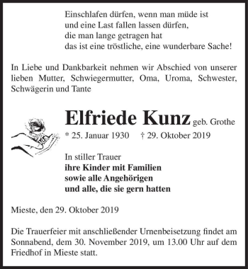 Traueranzeige von Elfriede Kunz (geb. Grothe)  von Magdeburger Volksstimme