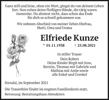 Traueranzeige von Elfriede Kunze  von Magdeburger Volksstimme