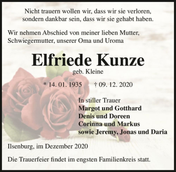 Traueranzeige von Elfriede Kunze (geb. Kleine)  von Magdeburger Volksstimme