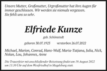 Traueranzeige von Elfriede Kunze (geb. Schönstedt)  von Magdeburger Volksstimme