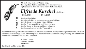 Traueranzeige von Elfriede Kuschel (geb. Moser)  von Magdeburger Volksstimme