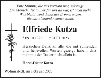Traueranzeige von Elfriede Kutza  von Magdeburger Volksstimme