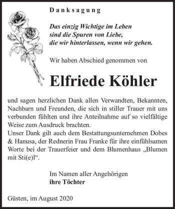 Traueranzeige von Elfriede Köhler  von Magdeburger Volksstimme