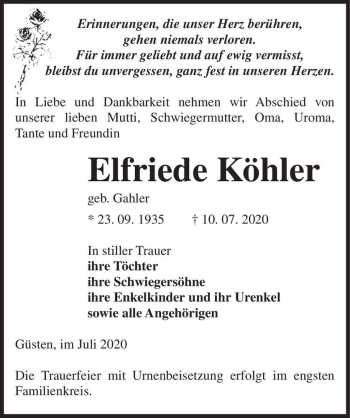 Traueranzeige von Elfriede Köhler (geb. Gahler)  von Magdeburger Volksstimme