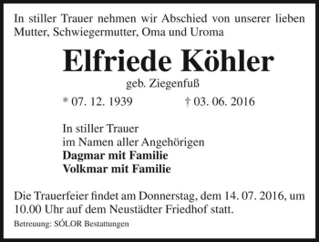 Traueranzeige von Elfriede Köhler (geb. Ziegenfuß)  von Magdeburger Volksstimme