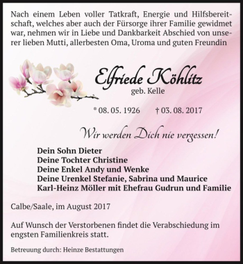 Traueranzeige von Elfriede Köhlitz (geb. Kelle)  von Magdeburger Volksstimme