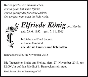 Traueranzeige von Elfriede König (geb. Heyder)  von Magdeburger Volksstimme
