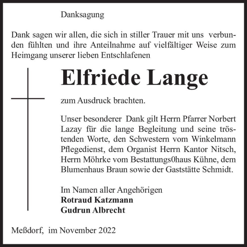  Traueranzeige für Elfriede Lange  vom 22.11.2022 aus Magdeburger Volksstimme