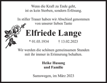 Traueranzeige von Elfriede Lange  von Magdeburger Volksstimme