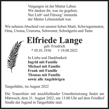 Traueranzeige von Elfriede Lange (geb. Friedrich)  von Magdeburger Volksstimme