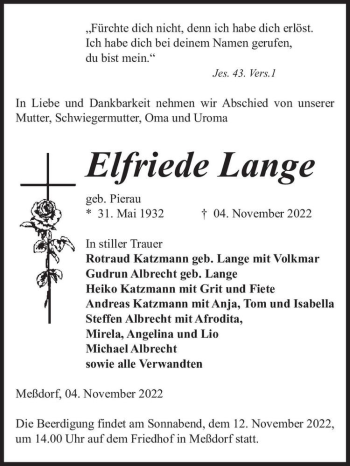 Traueranzeige von Elfriede Lange (geb. Pierau)  von Magdeburger Volksstimme