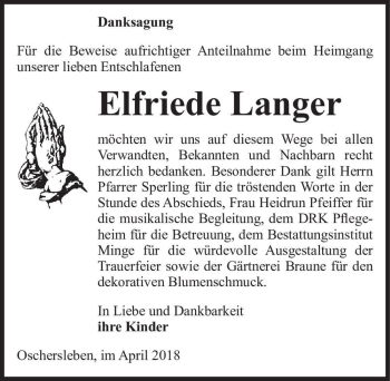 Traueranzeige von Elfriede Langer  von Magdeburger Volksstimme