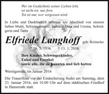 Traueranzeige von Elfriede Langhoff (geb. Reinecke)  von Magdeburger Volksstimme