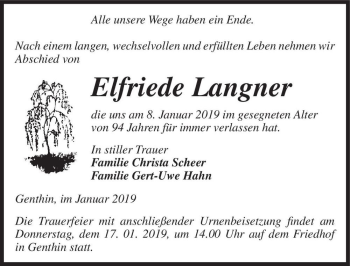 Traueranzeige von Elfriede Langner  von Magdeburger Volksstimme