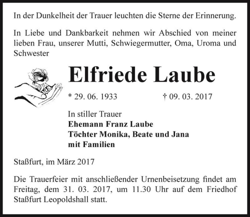  Traueranzeige für Elfriede Laube  vom 18.03.2017 aus Magdeburger Volksstimme