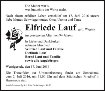 Traueranzeige von Elfriede Lauf (geb. Wagner)  von Magdeburger Volksstimme