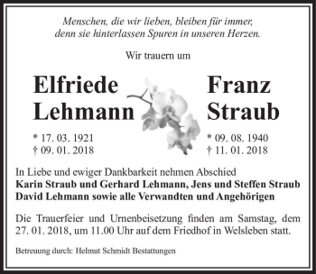 Traueranzeige von Elfriede Lehmann  von Magdeburger Volksstimme
