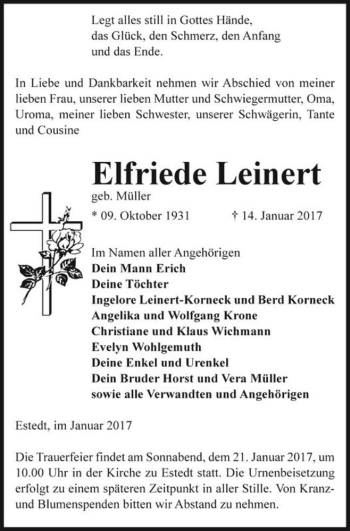 Traueranzeige von Elfriede Leinert (geb. Müller)  von Magdeburger Volksstimme