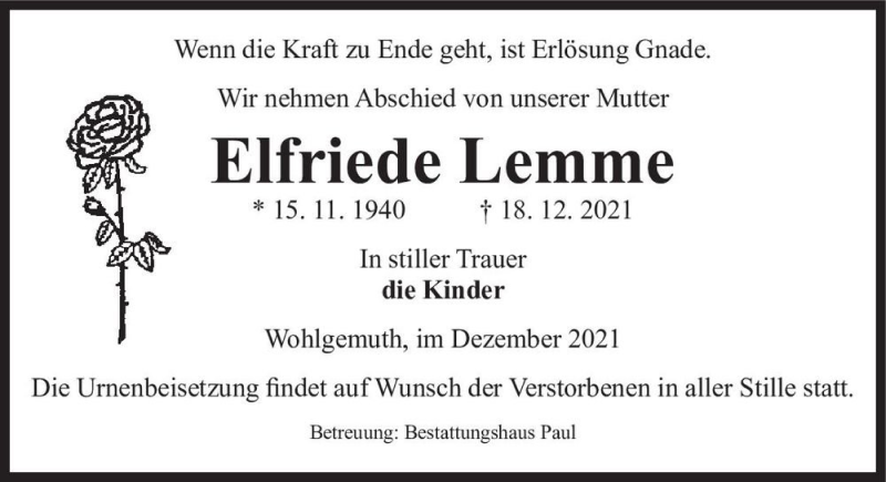  Traueranzeige für Elfriede Lemme  vom 22.12.2021 aus Magdeburger Volksstimme