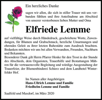 Traueranzeige von Elfriede Lemme  von Magdeburger Volksstimme