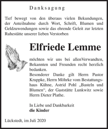 Traueranzeige von Elfriede Lemme  von Magdeburger Volksstimme