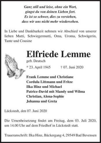 Traueranzeige von Elfriede Lemme (geb. Deutsch)  von Magdeburger Volksstimme