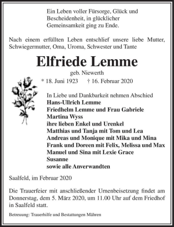 Traueranzeige von Elfriede Lemme (geb. Niewerth)  von Magdeburger Volksstimme