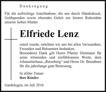 Traueranzeige von Elfriede Lenz  von Magdeburger Volksstimme