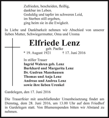 Traueranzeige von Elfriede Lenz (geb. Paelke)  von Magdeburger Volksstimme