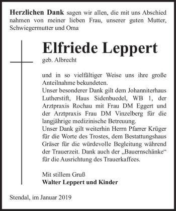 Traueranzeige von Elfriede Leppert (geb. Albrecht)  von Magdeburger Volksstimme
