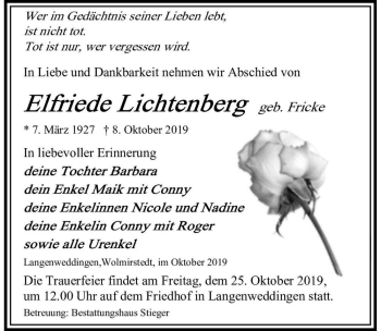 Traueranzeige von Elfriede Lichtenberg (geb. Fricke)  von Magdeburger Volksstimme