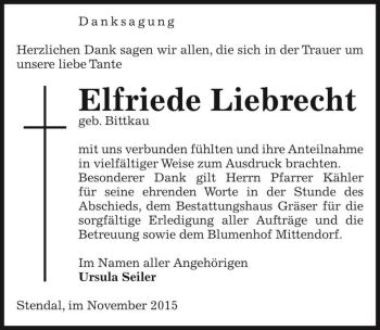 Traueranzeige von Elfriede Liebrecht (geb. Bittkau)  von Magdeburger Volksstimme