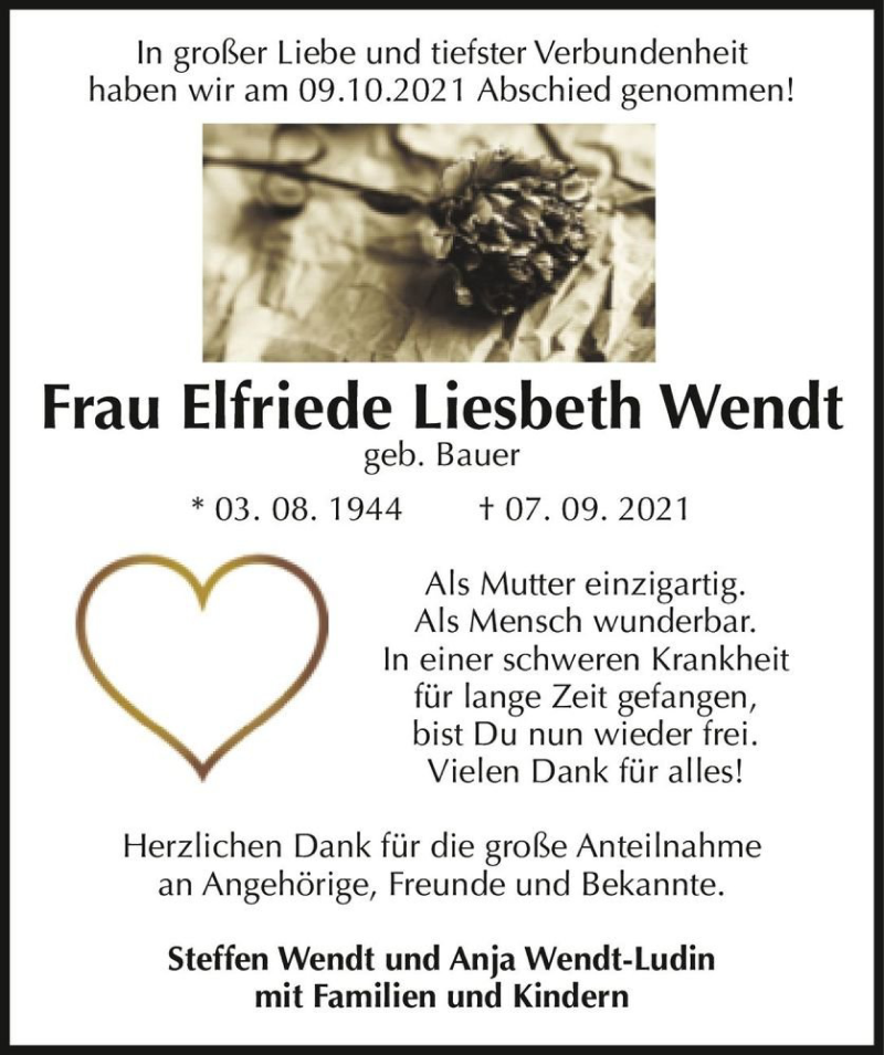 Traueranzeige für Elfriede Liesbeth Wendt (geb. Bauer)  vom 16.10.2021 aus Magdeburger Volksstimme