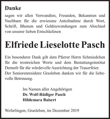 Traueranzeige von Elfriede Lieselotte Pasch  von Magdeburger Volksstimme