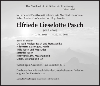 Traueranzeige von Elfriede Lieselotte Pasch (geb. Hartwig)  von Magdeburger Volksstimme