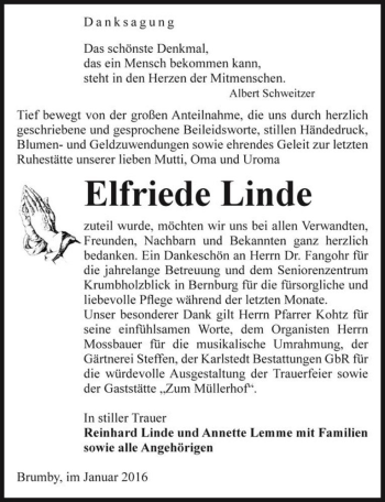 Traueranzeige von Elfriede Linde  von Magdeburger Volksstimme