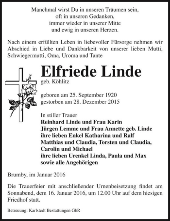 Traueranzeige von Elfriede Linde (geb. Köhlitz)  von Magdeburger Volksstimme