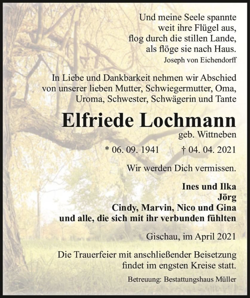  Traueranzeige für Elfriede Lochmann (geb. Wittneben)  vom 08.04.2021 aus Magdeburger Volksstimme