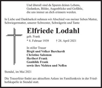 Traueranzeige von Elfriede Lohdal (geb. Frank)  von Magdeburger Volksstimme