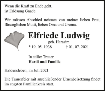 Traueranzeige von Elfriede Ludwig (geb. Harasim)  von Magdeburger Volksstimme