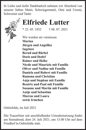 Traueranzeige von Elfriede Lutter  von Magdeburger Volksstimme