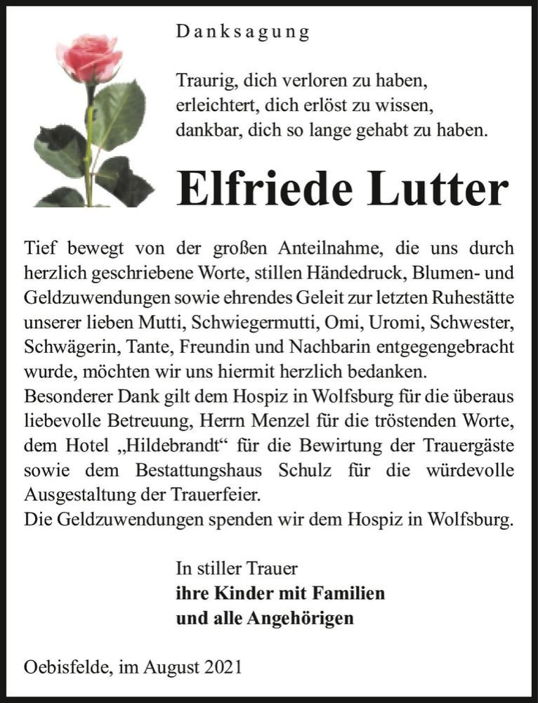  Traueranzeige für Elfriede Lutter  vom 07.08.2021 aus Magdeburger Volksstimme