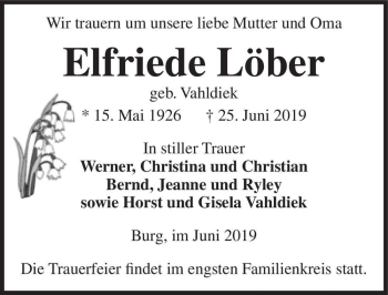 Traueranzeige von Elfriede Löber (geb. Vahldiek)  von Magdeburger Volksstimme