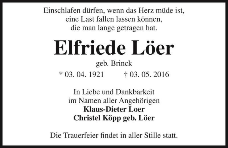  Traueranzeige für Elfriede Löer (geb. Brinck)  vom 21.05.2016 aus Magdeburger Volksstimme