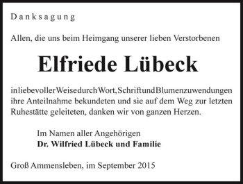Traueranzeige von Elfriede Lübeck  von Magdeburger Volksstimme