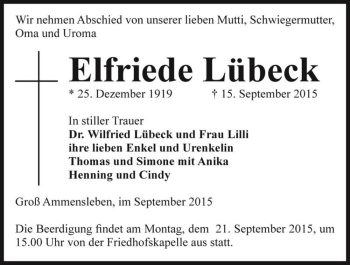 Traueranzeige von Elfriede Lübeck  von Magdeburger Volksstimme