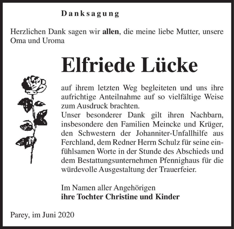  Traueranzeige für Elfriede Lücke  vom 20.06.2020 aus Magdeburger Volksstimme