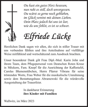Traueranzeige von Elfriede Lücke  von Magdeburger Volksstimme