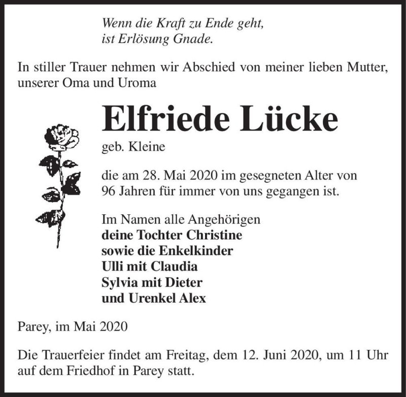  Traueranzeige für Elfriede Lücke (geb. Kleine)  vom 06.06.2020 aus Magdeburger Volksstimme