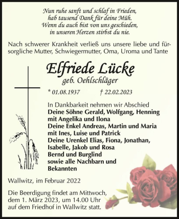 Traueranzeige von Elfriede Lücke (geb. Oehlschläger)  von Magdeburger Volksstimme
